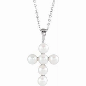 14K White Cultured White Freshwater Pearl Cross 16-18" Necklace