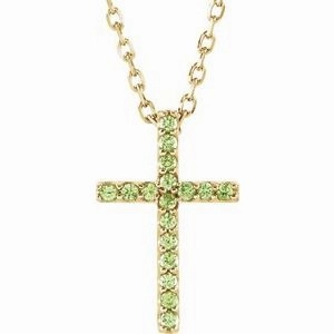 14K White Natural Peridot Petite Cross 16" Necklace