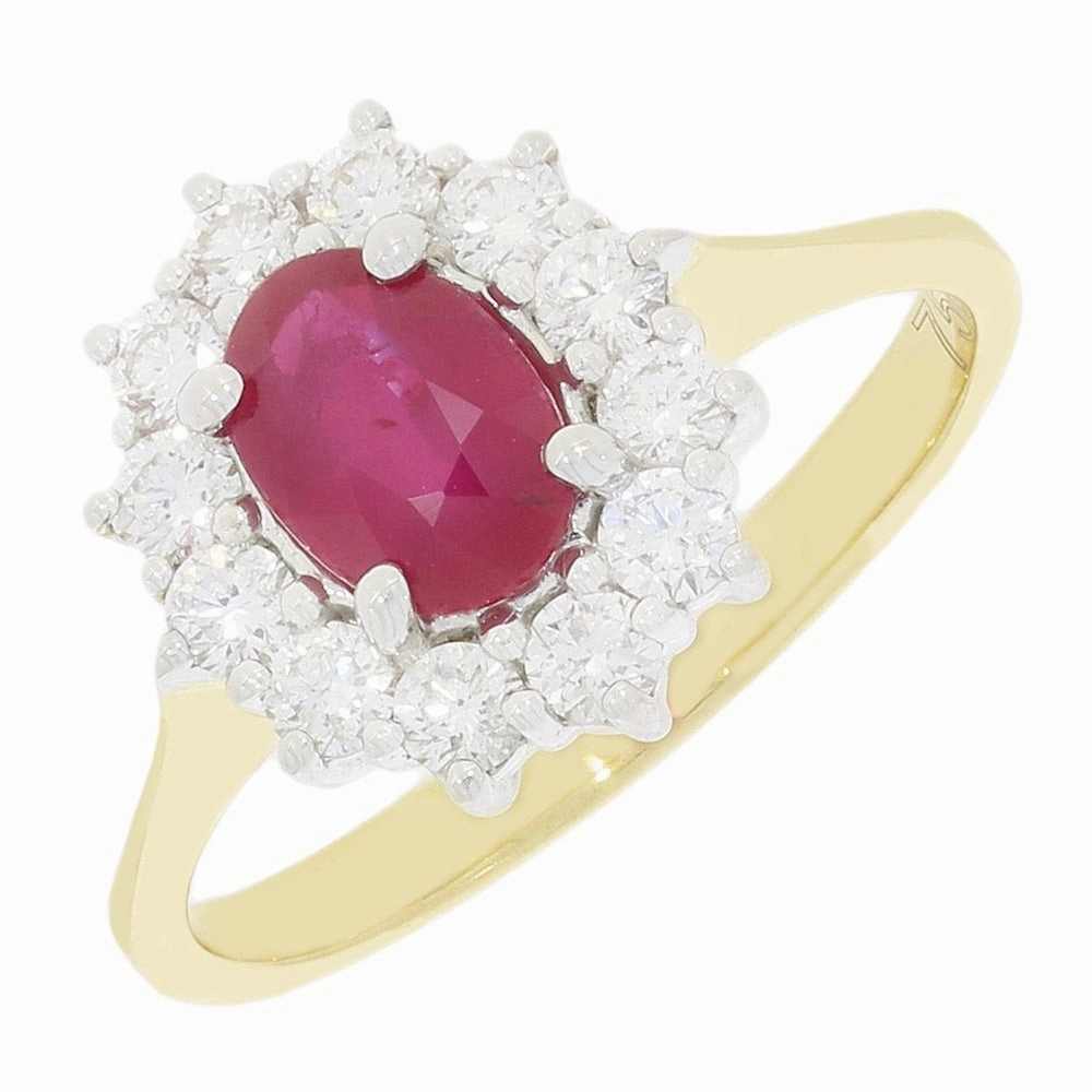 18ct Yellow Gold Oval 1.10ct Ruby and 0.55ct Diamond Cluster Ring