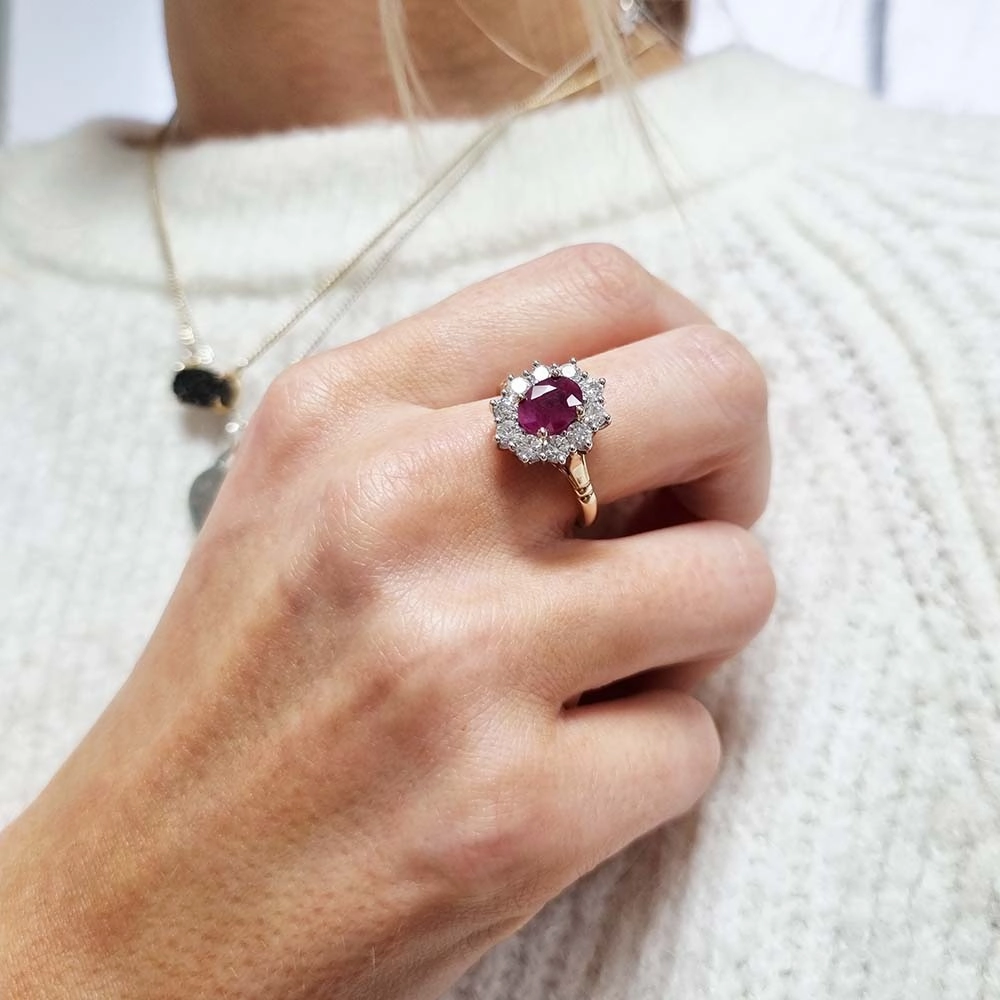 9ct Yellow Gold Ruby and 1.00ct Diamond Cluster Ring