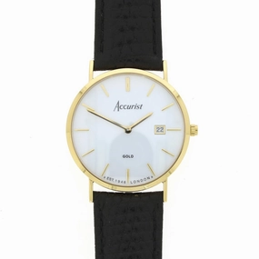 Accurist 9ct Gold Mens Watch White Dial Black Strap 7801