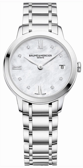 Baume & Mercier Classima Stainless Steel Mother-of-Pearl Dial Diamonds Date Quartz Womens Watch MOA10326