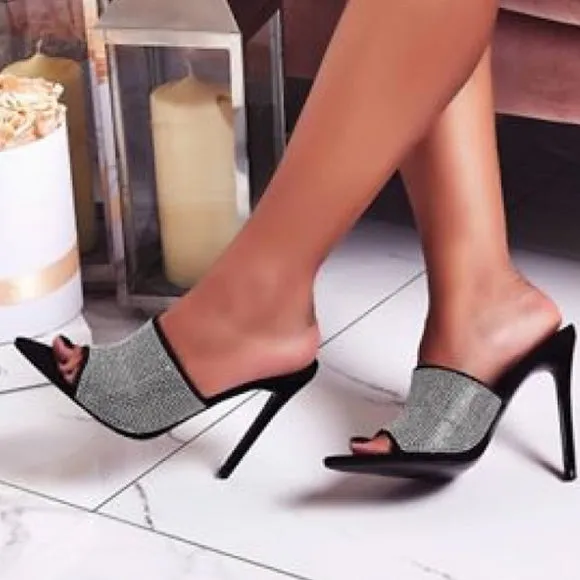 Black Rhinestone Mules.