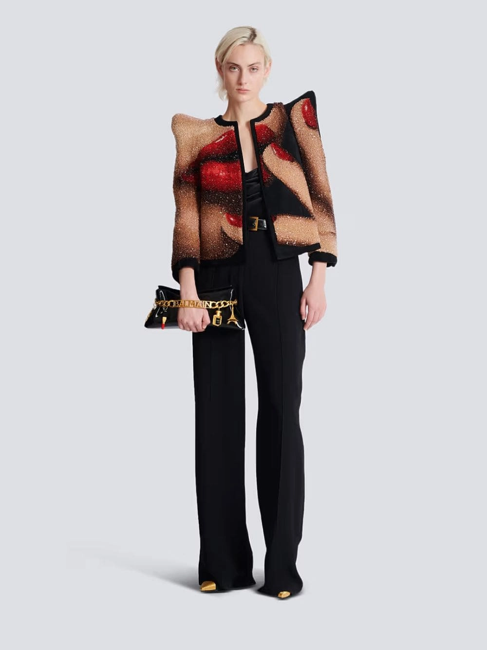Black 1945 Striped Patent Leather Clutch