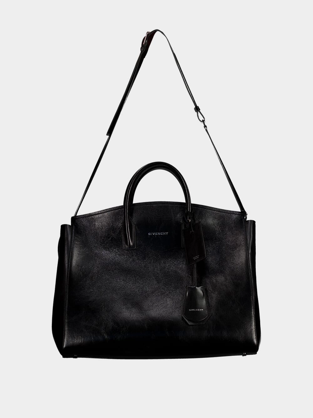 Black Leather Travel Bag with Silvery Hardware