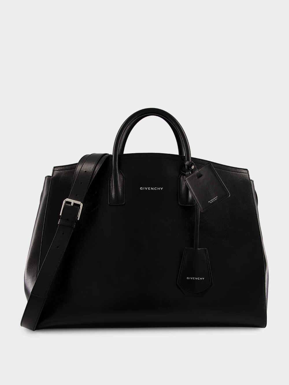 Black Leather Travel Bag with Silvery Hardware