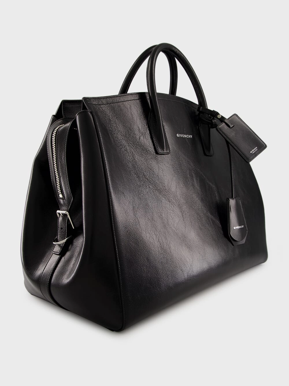 Black Leather Travel Bag with Silvery Hardware