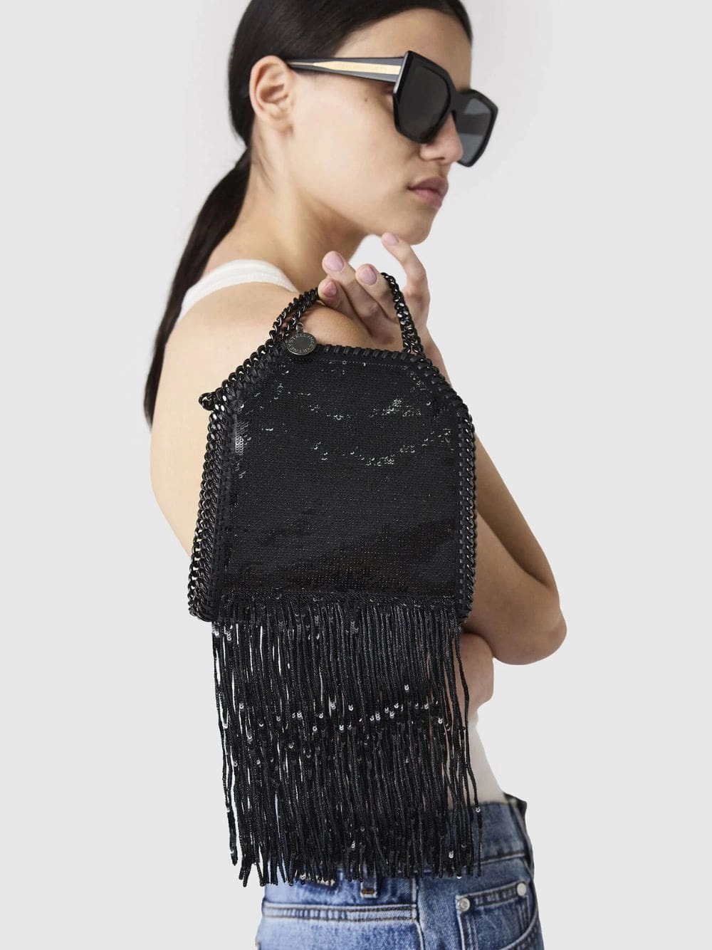 Black Limited-Edition Falabella Sequin Fringe Tiny Tote Bag