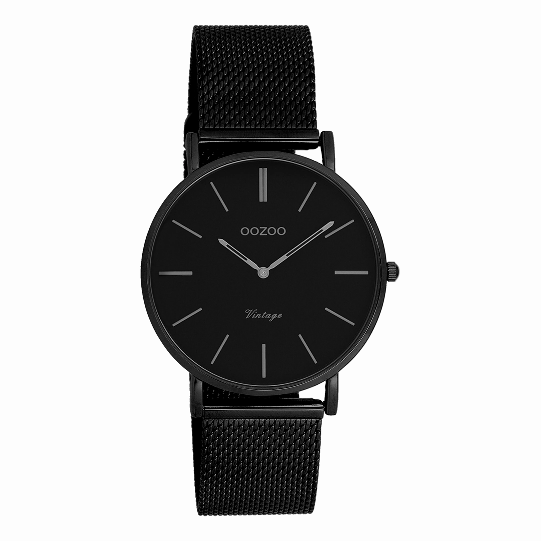 Black OOZOO watch with black metal mesh bracelet - C9934