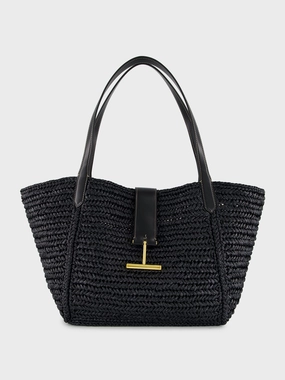 Black Raffia and Leather Tote