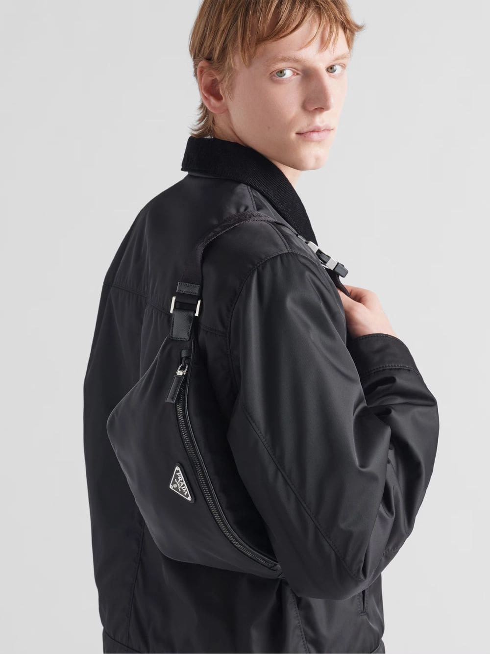 Black Re-Nylon and Saffiano Leather Belt Bag