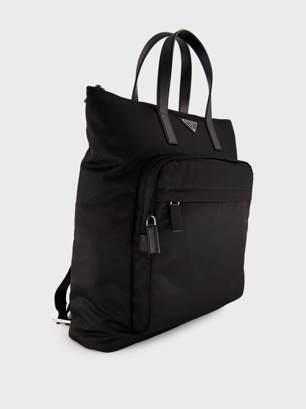 Black Re-Nylon and Saffiano Leather Tote Bag