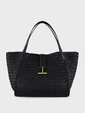 Black Tara Raffia and Leather Large Tote Bag