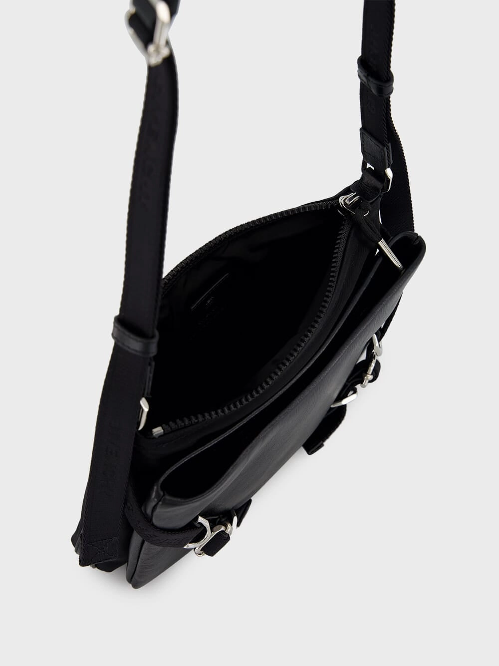 Black Voyou Skinny Crossbody Bag in Grained Leather