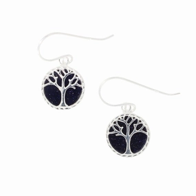 Blue Goldstone Round Tree of Life Drop Earrings