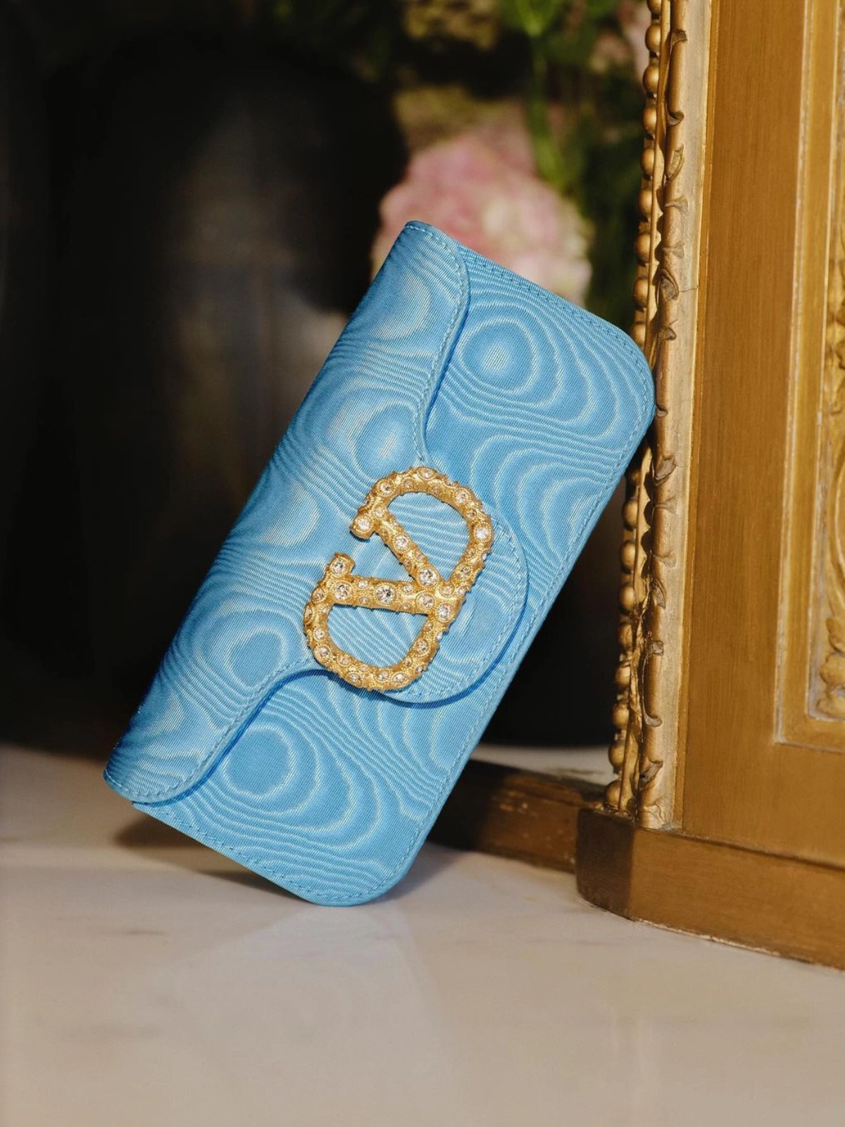 Blue Loc?? Moir?? Fabric Clutch with Jewel Logo