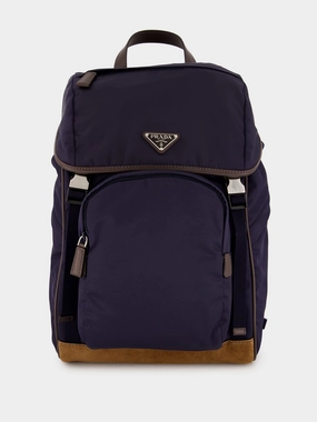 Blue Recycled Polyamide and Leather Backpack