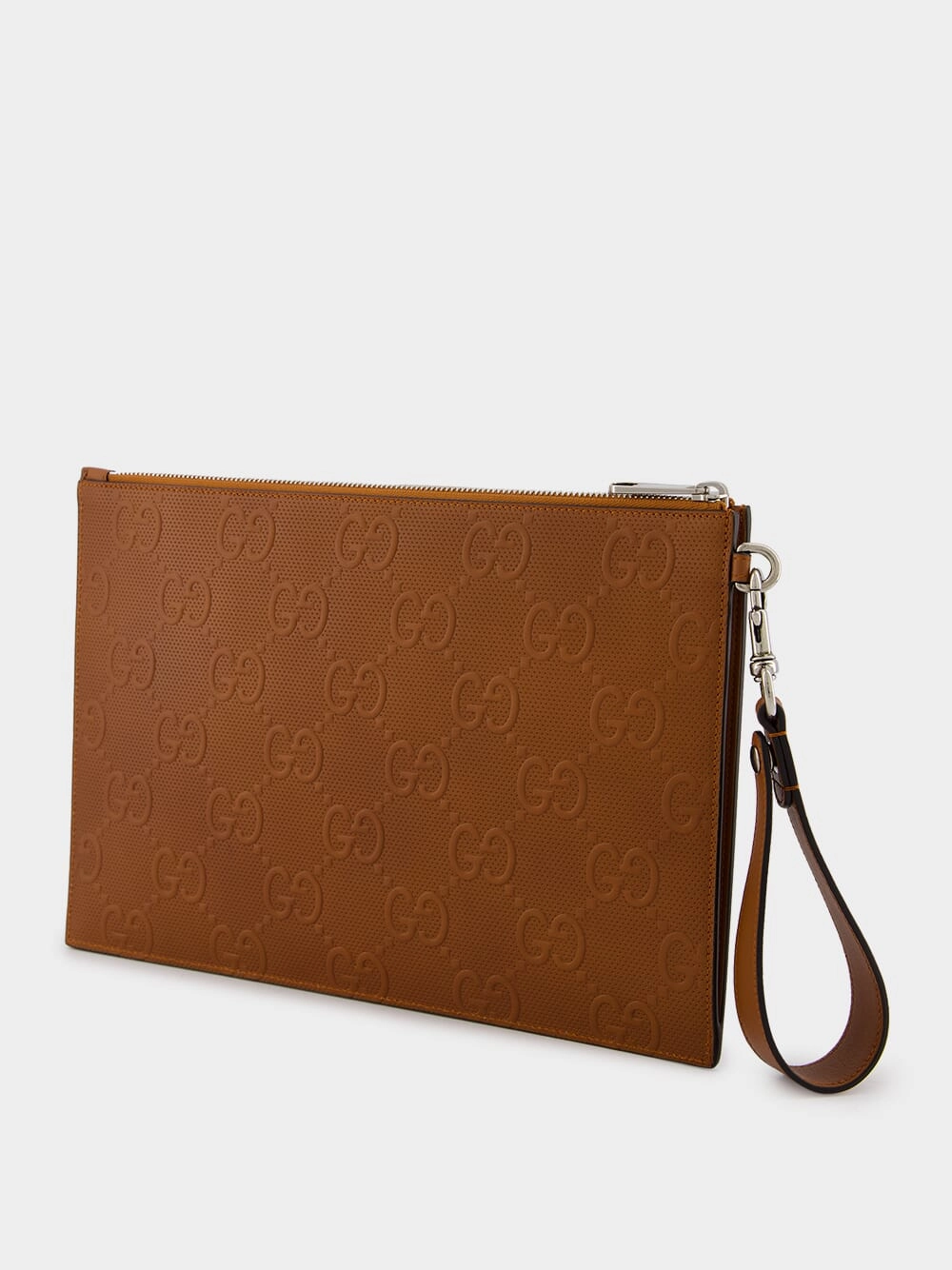 Brown GG Leather Embossed Pouch