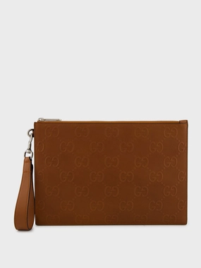 Brown GG Leather Embossed Pouch