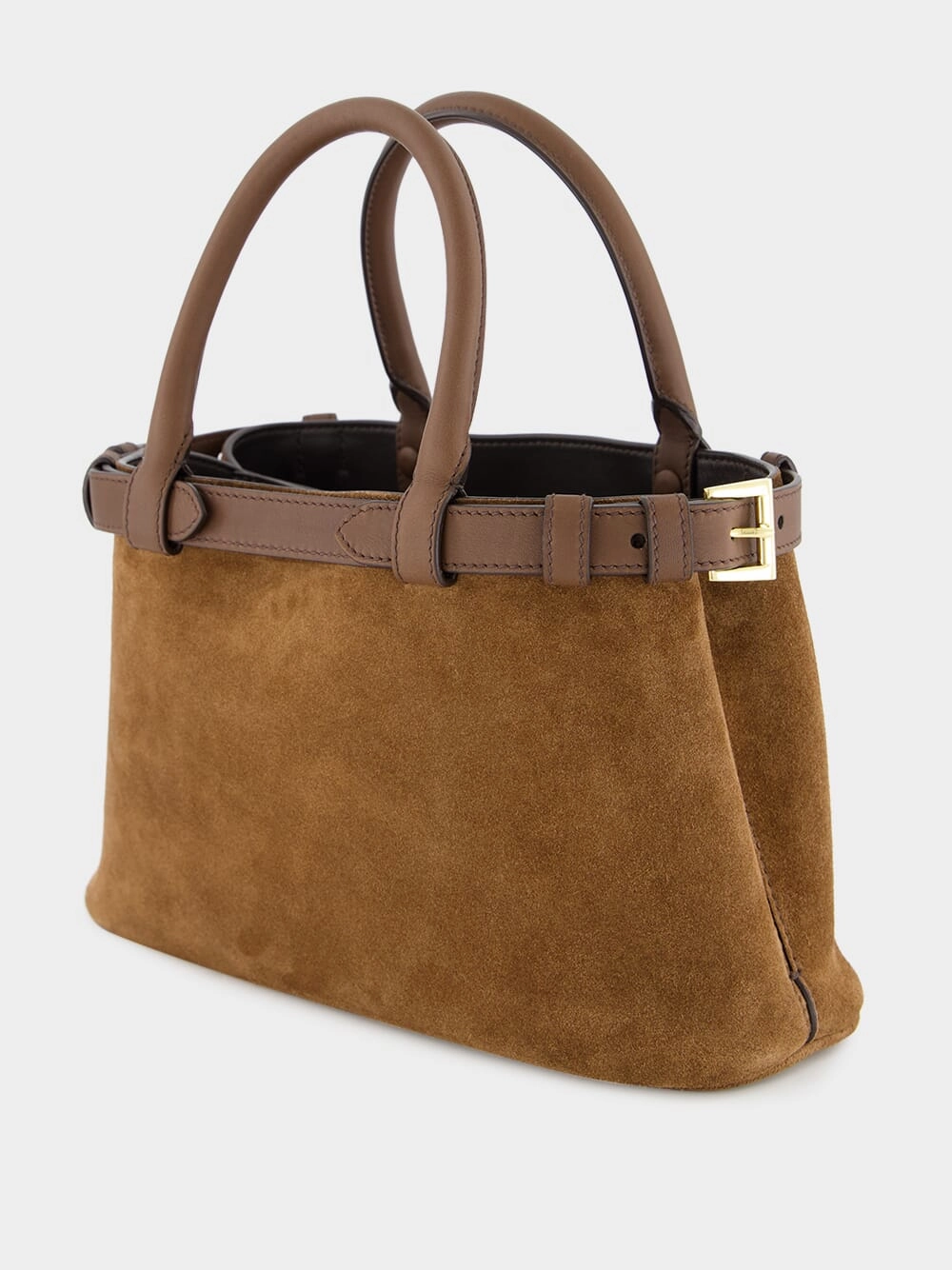 Brown Suede Buckle Small Handbag with Leather Belt Detail