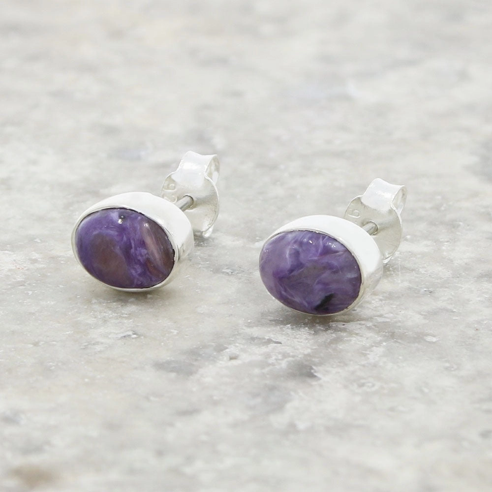 Charoite Sterling Silver Oval Stud Earrings
