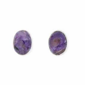 Charoite Sterling Silver Oval Stud Earrings