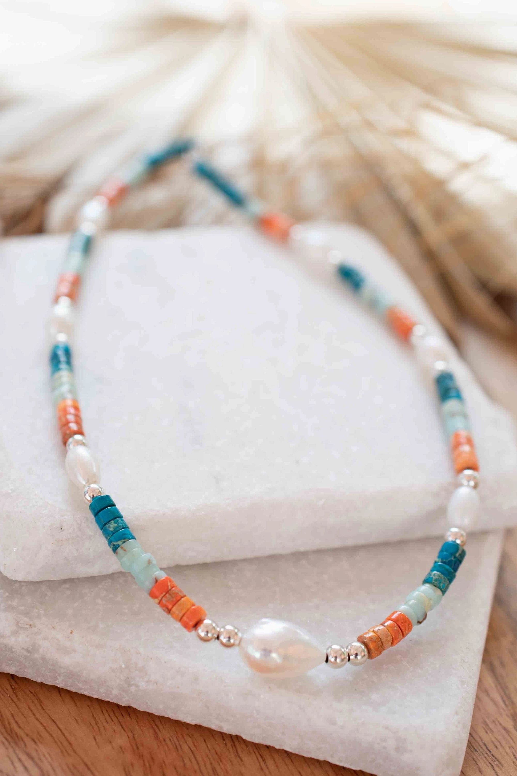 Colored Jasper and Pearl necklace~ Sterling Silver 925 or Gold Filled ~ MN100