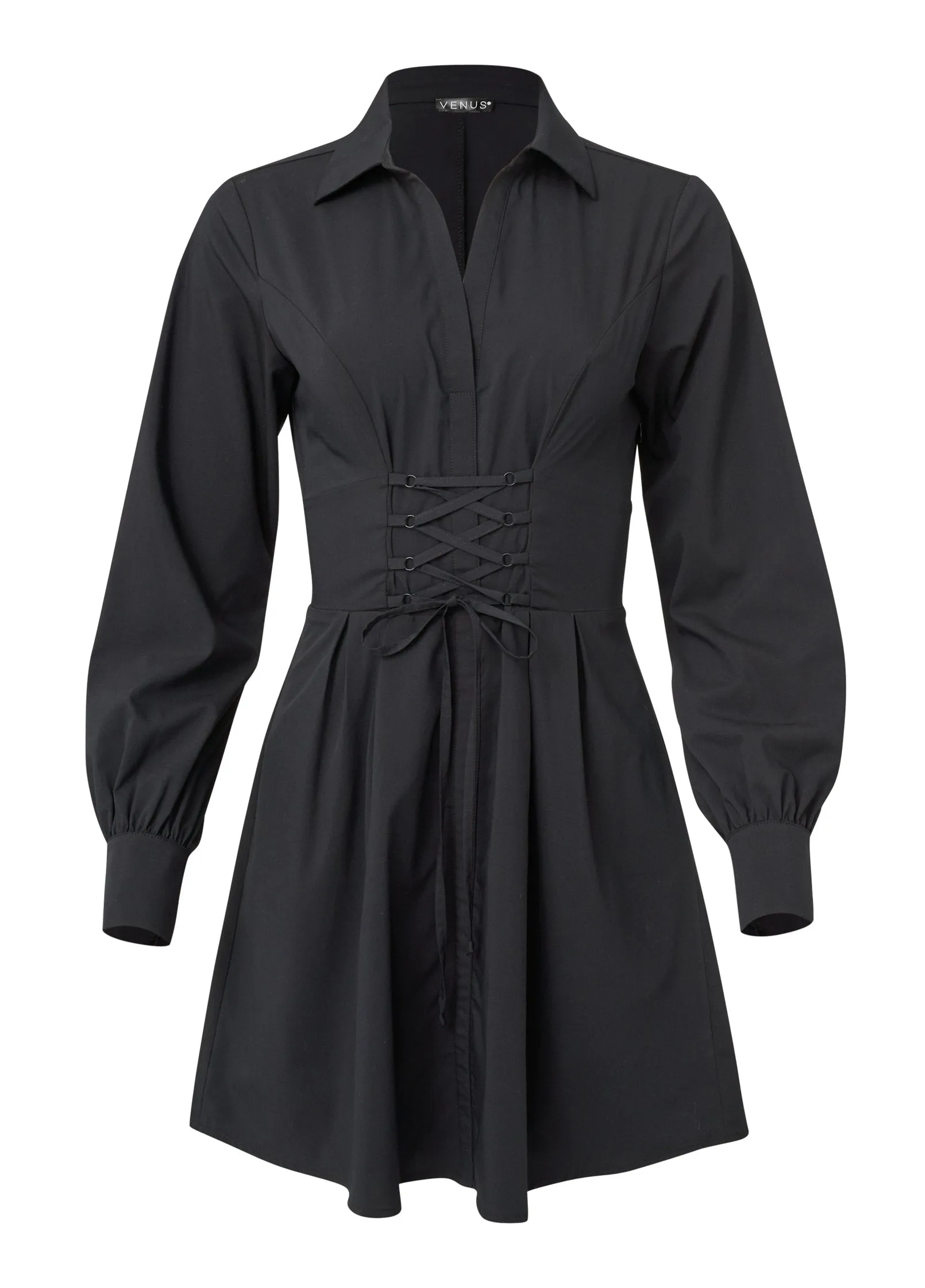 Corset Waist Shirt Dress  - Black
