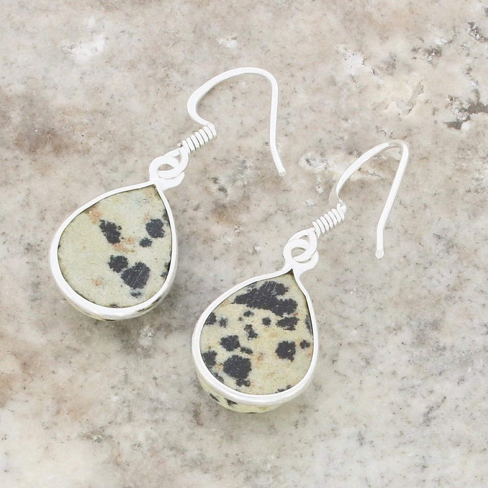 Dalmatian Jasper Sterling Silver Pear Shape Drop Earrings