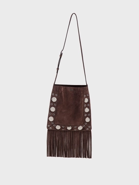 Dark Brown Plaque Fringed Edge Crossbody Bag