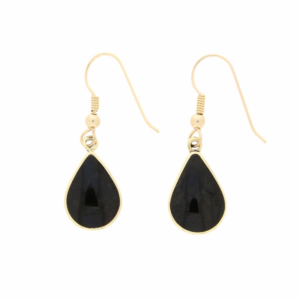 Derbyshire Blue John and Jet 9ct Yellow Gold Pear Reversible Drop Earrings