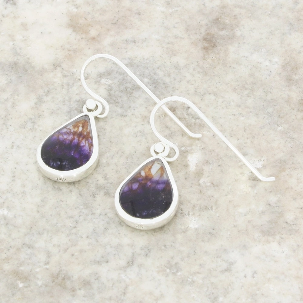 Derbyshire Blue John and Whitby Jet Sterling Silver Pear Shape Drop Earrings