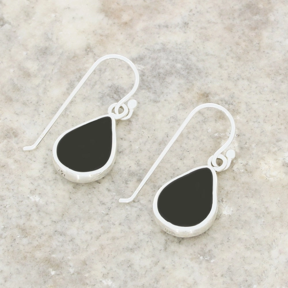 Derbyshire Blue John and Whitby Jet Sterling Silver Pear Shape Drop Earrings
