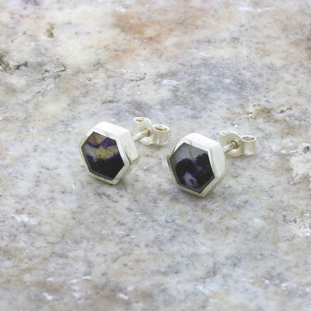 Derbyshire Blue John Sterling Silver Small Hexagonal Stud Earrings