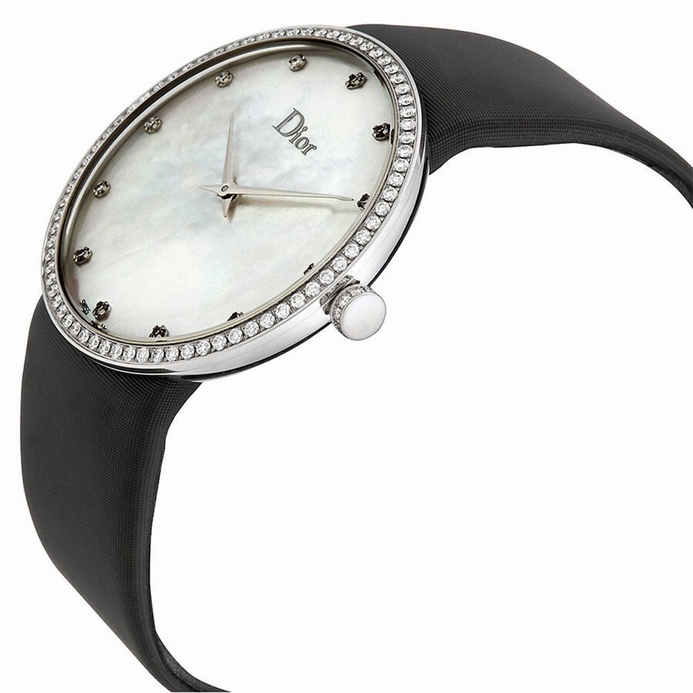 Dior La D de Dior Satine Stainless Steel Mother-of-Pearl Dial Diamonds Quartz Black Satin Womens Watch CD043114A001