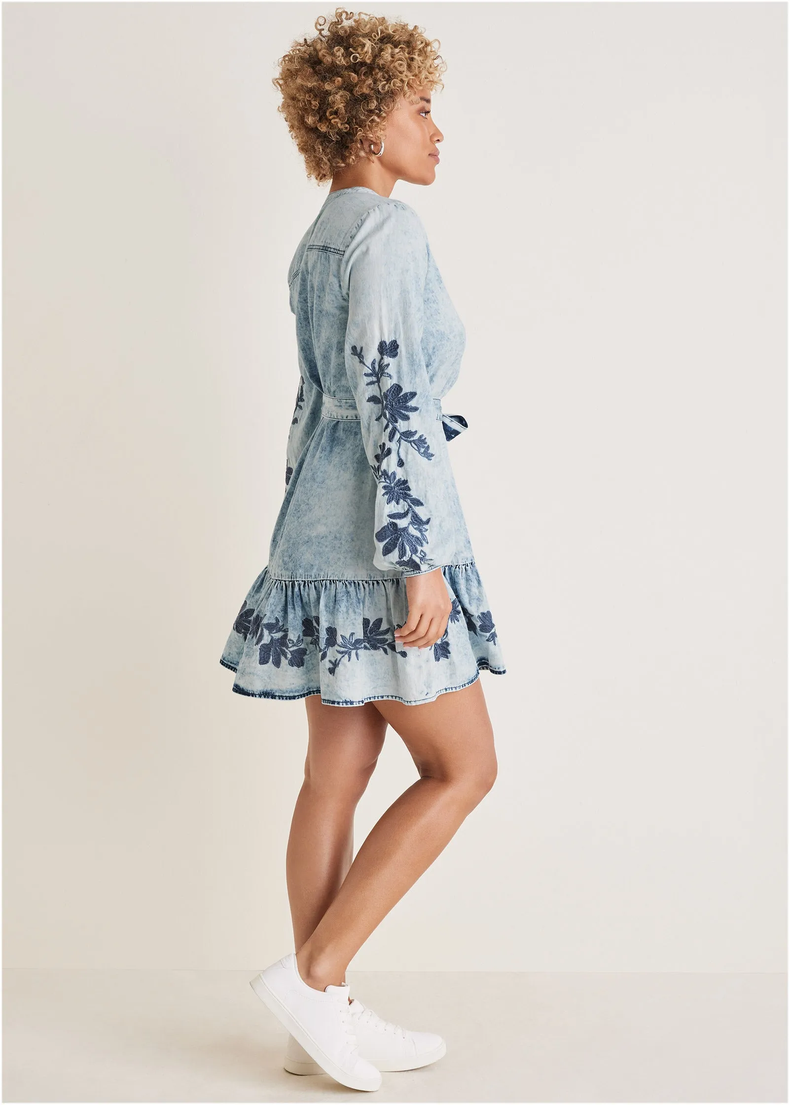 Embroidered Denim Dress - Acid Wash