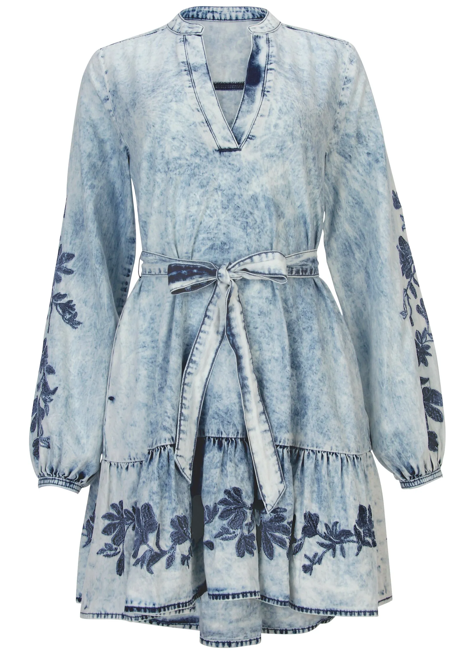 Embroidered Denim Dress - Acid Wash