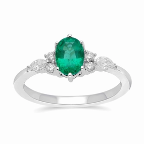 Emeral Oval Floral Diamond Ring- WG