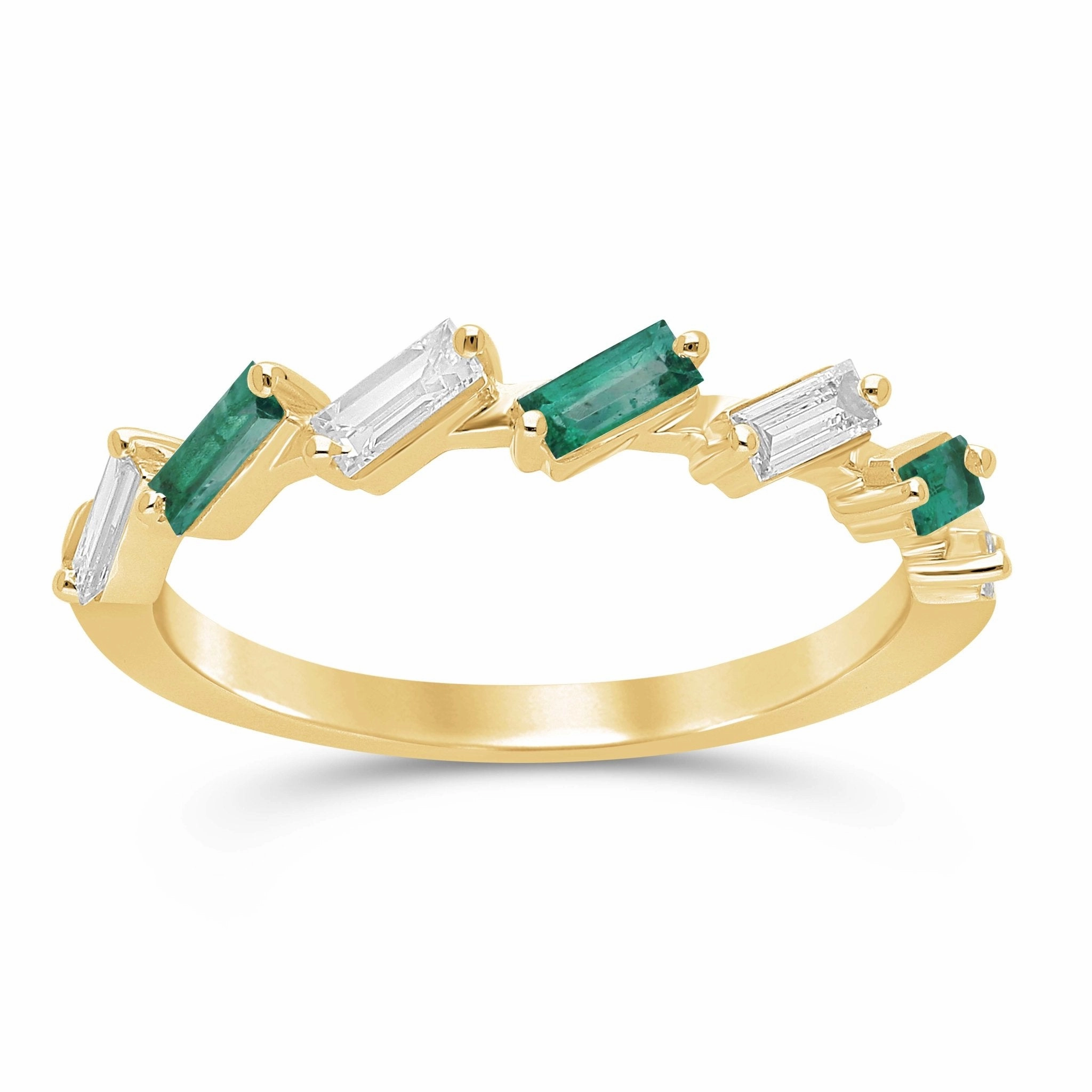 Emerald and Diamond Baguette Alternating Ring - WG