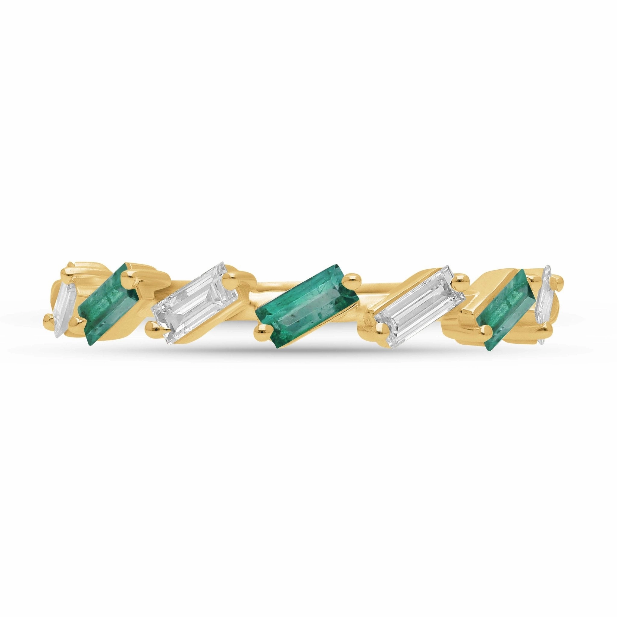 Emerald and Diamond Baguette Alternating Ring - YG