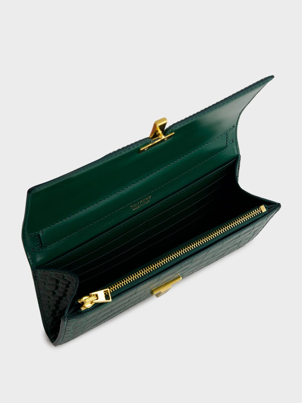 Emerald Green Crocodile-Stamped Leather Wallet on Strap