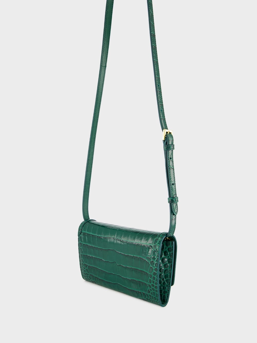 Emerald Green Crocodile-Stamped Leather Wallet on Strap