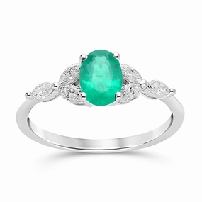 Emerald Oval Floral Ring - WG