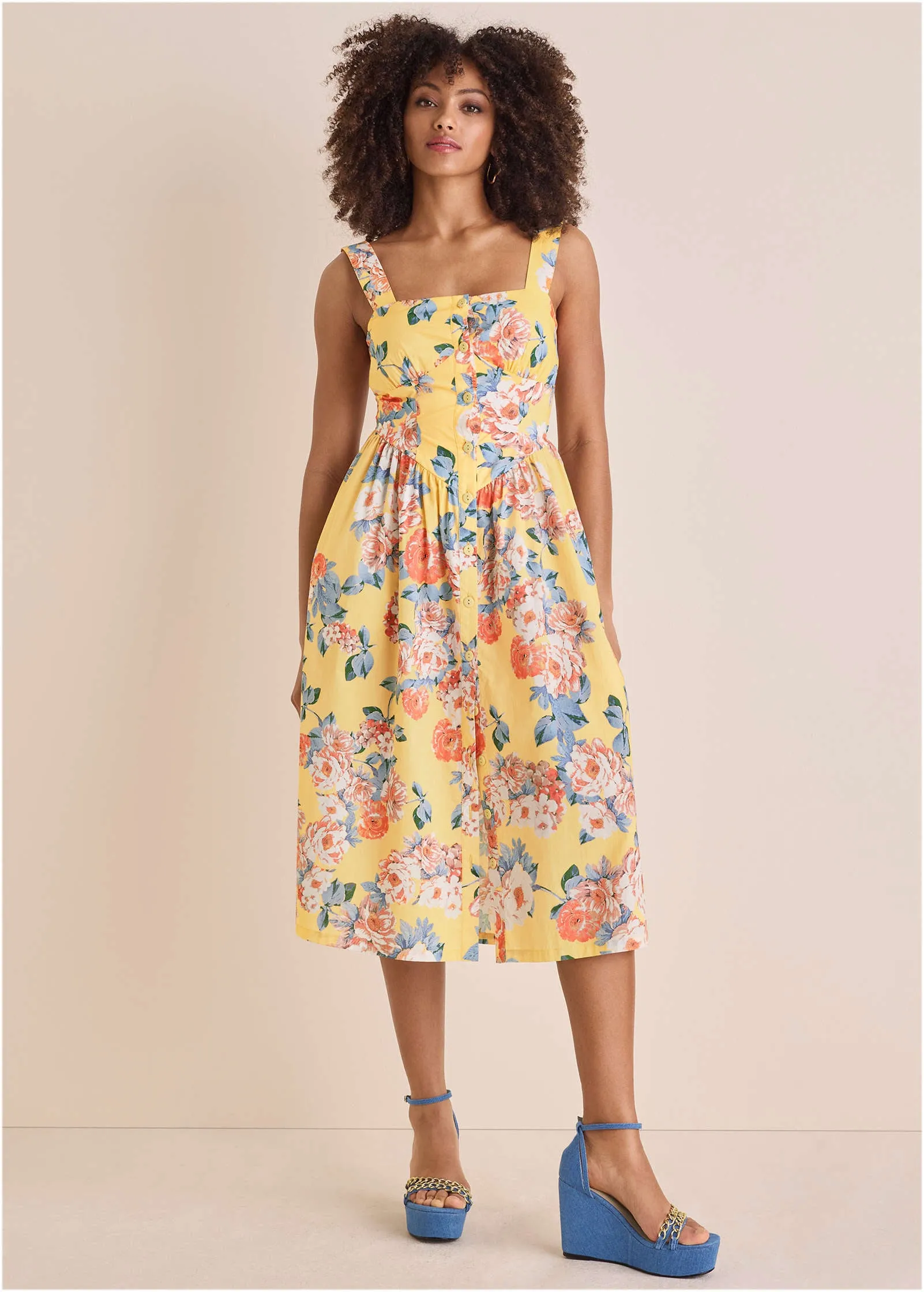 Floral Poplin Midi Dress - Custard Roses