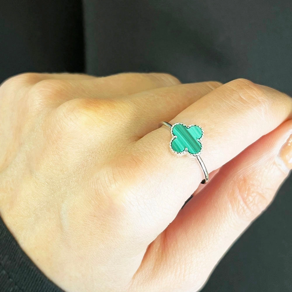 Four Leaf Clover Sterling Silver Ring Green Stone GVL042