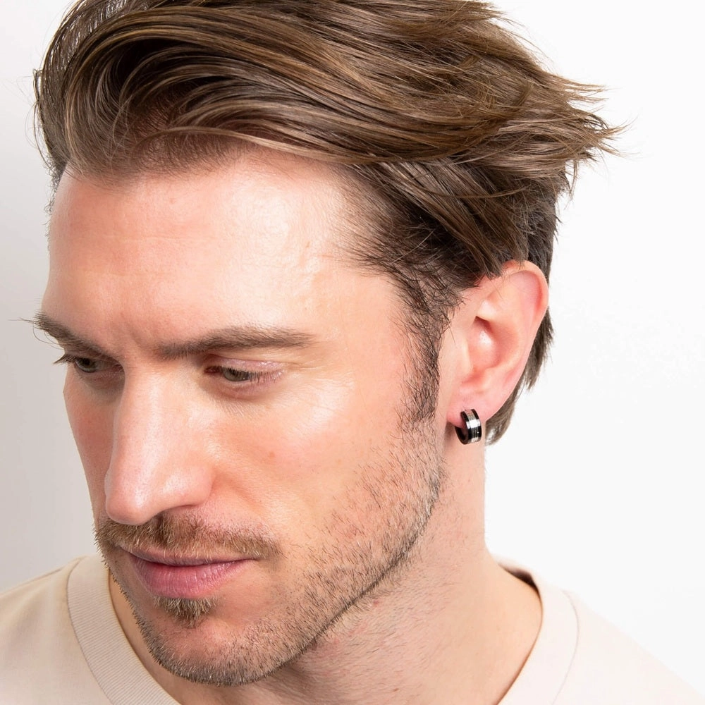 Fred Bennett Stainless Steel and Black PVD Huggie Hoop Earrings E6570B