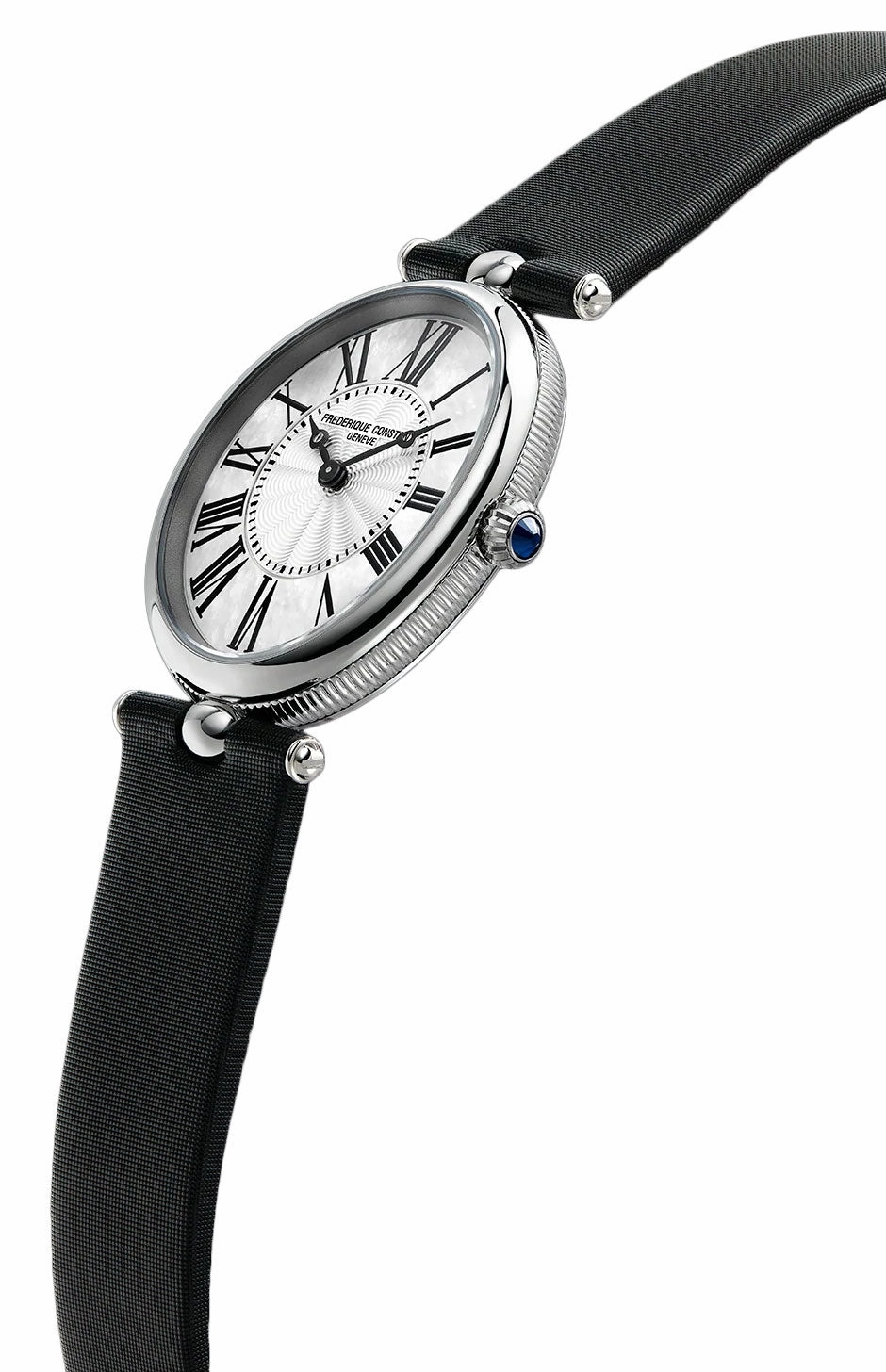 Frederique Constant Classics Art Deco Stainless Steel Oval Case Mother-of-Pearl Dial Black Satin Strap Quartz Womens Watch FC-200MPW2V6