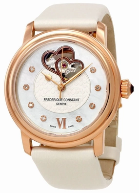 Frederique Constant Double Heart Beat Automatic Rose Gold Plated Steel Mother-Of-Pearl Dial Ivory Satin Strap Diamonds Womens Watch FC-310DHB2P4