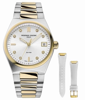 Frederique Constant Highlife Steel & Yellow Gold Plated Silver Dial Diamonds Interchangeable White Rubber Strap Date Quartz Womens Watch FC-240VD2NH3B