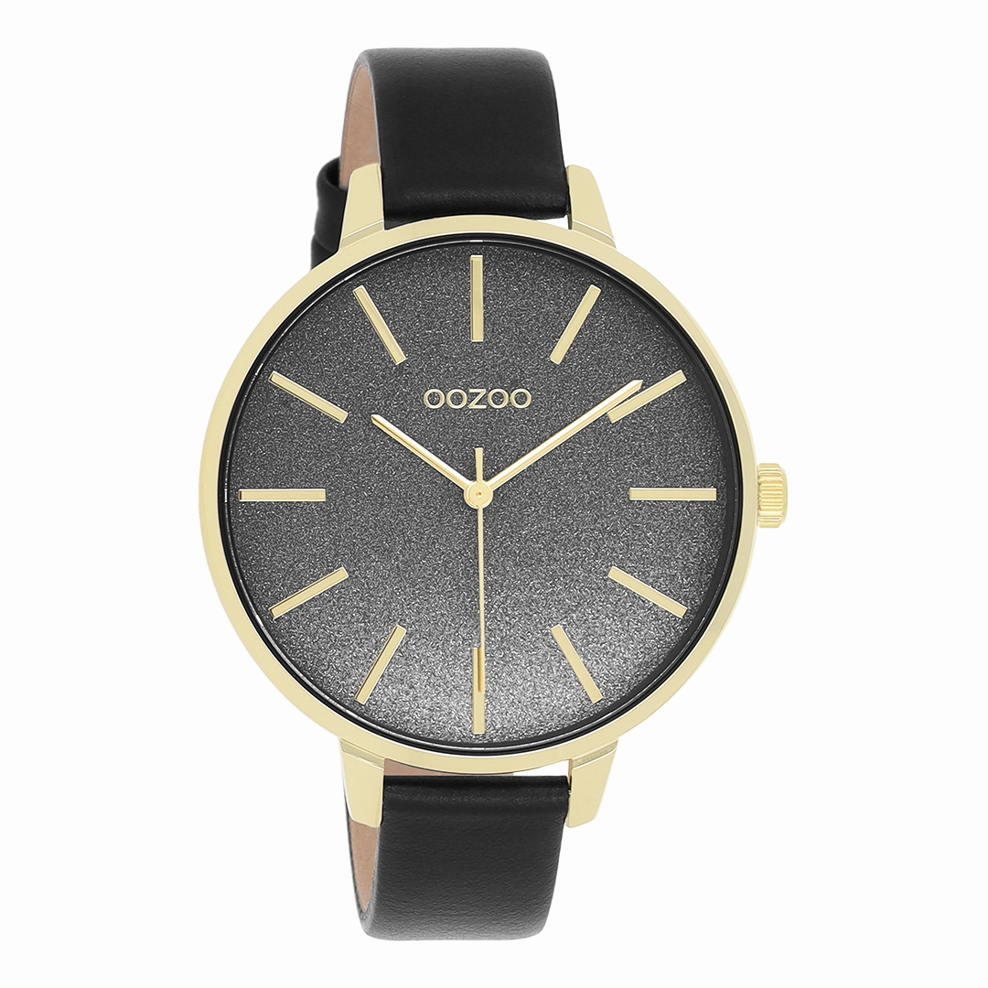 Gold coloured OOZOO watch with black leather strap - C11034